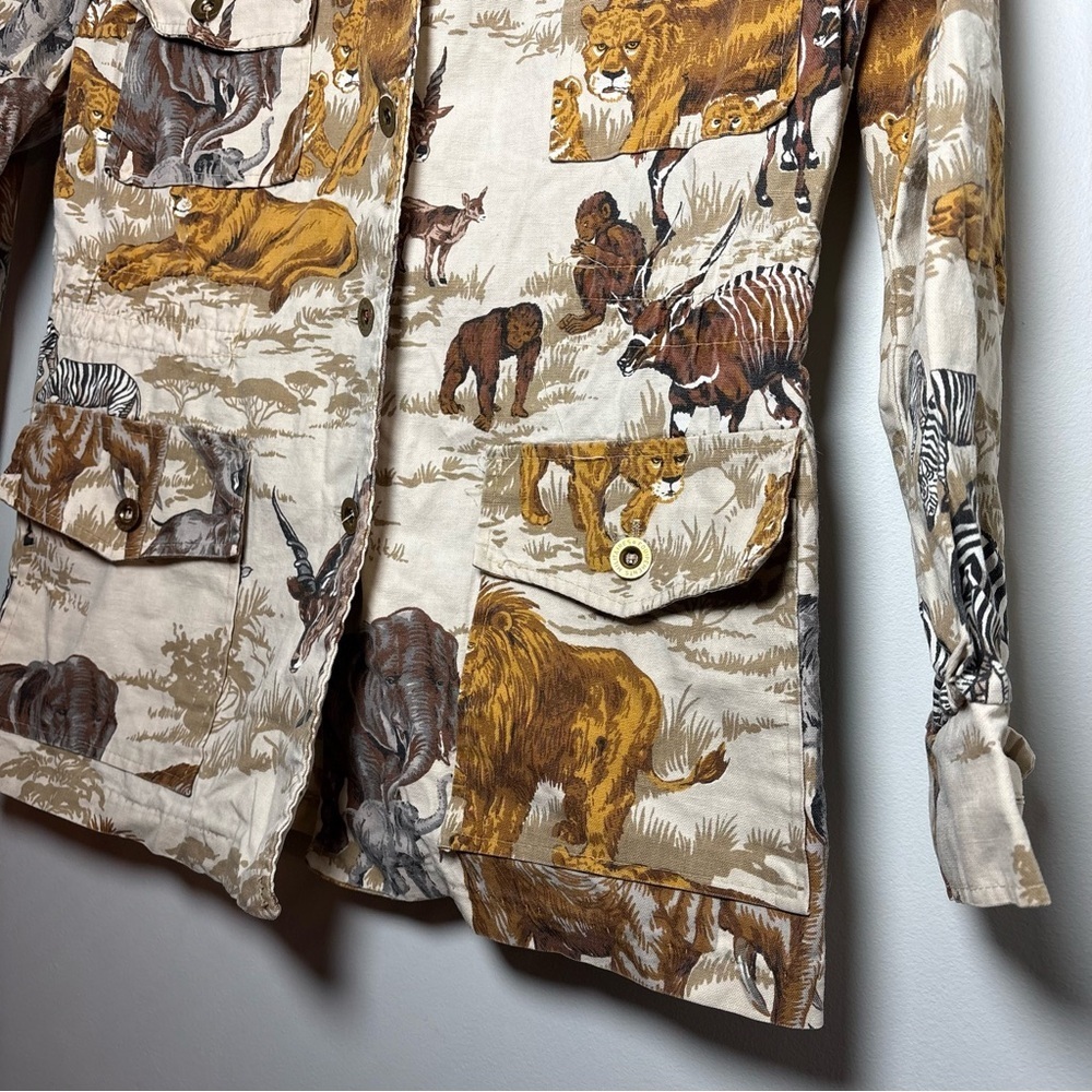 Vintage 1970s Militaires Equipment Safari Animal Print Cotton Utility Jacket - Picture 3 of 9